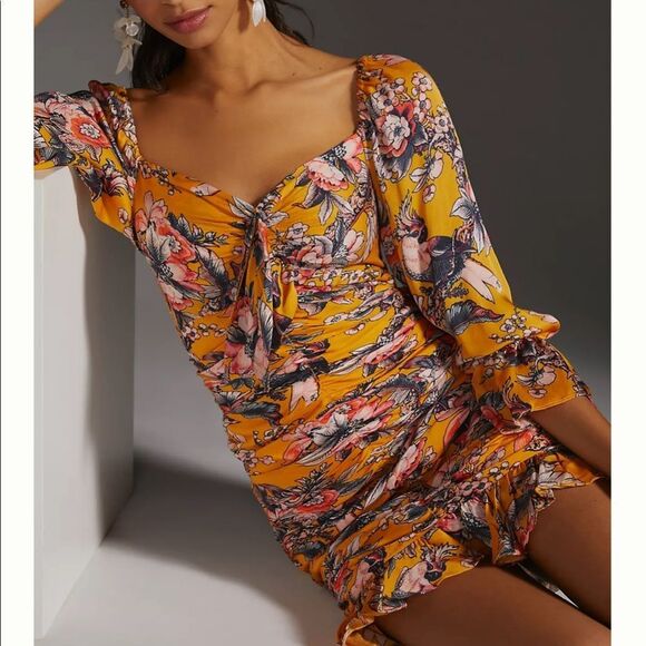 Anthropologie Ranna Gill Ruched Floral Long Sleeve Mini Dress Size XXS NWT - Picture 3 of 13